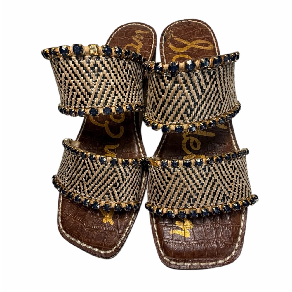 Sam Edelman Brown Woven Double-Strap Slide Sandals with Black Bead Trim